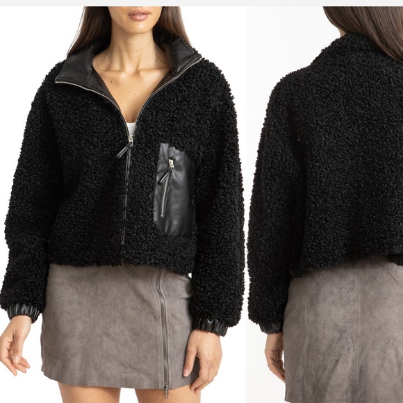 Faux Fur Shearling with Vegan Leather Trim Bomber Jacket - XL - Picture 5 of 7